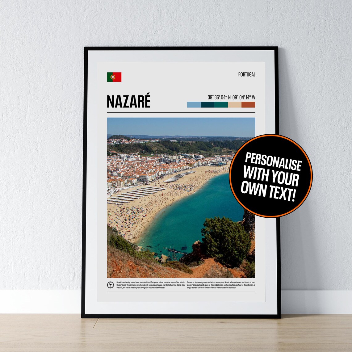 Nazare Portugal Coastal Town Coordinates Beach Aerial Travel Poster