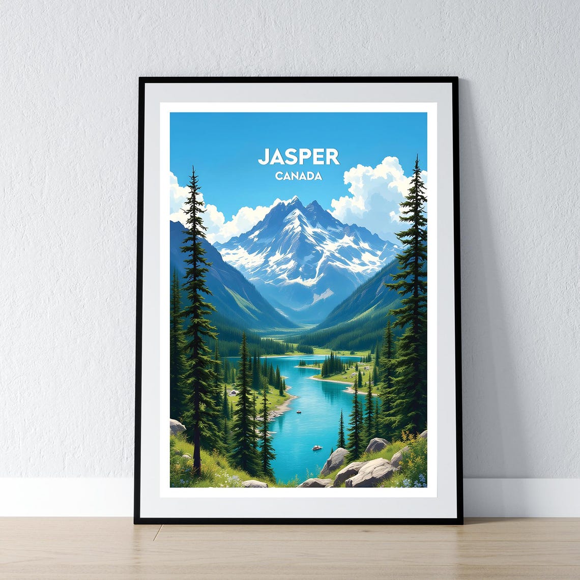 Jasper Canada Snowy Peak and Canoes on Turquoise Lake Travel Poster