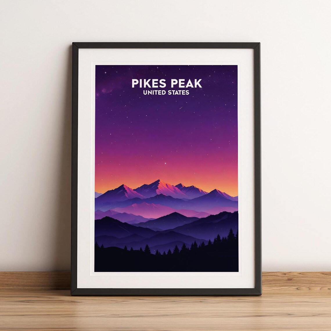Pikes Peak United States Starry Night Mountain Travel Poster