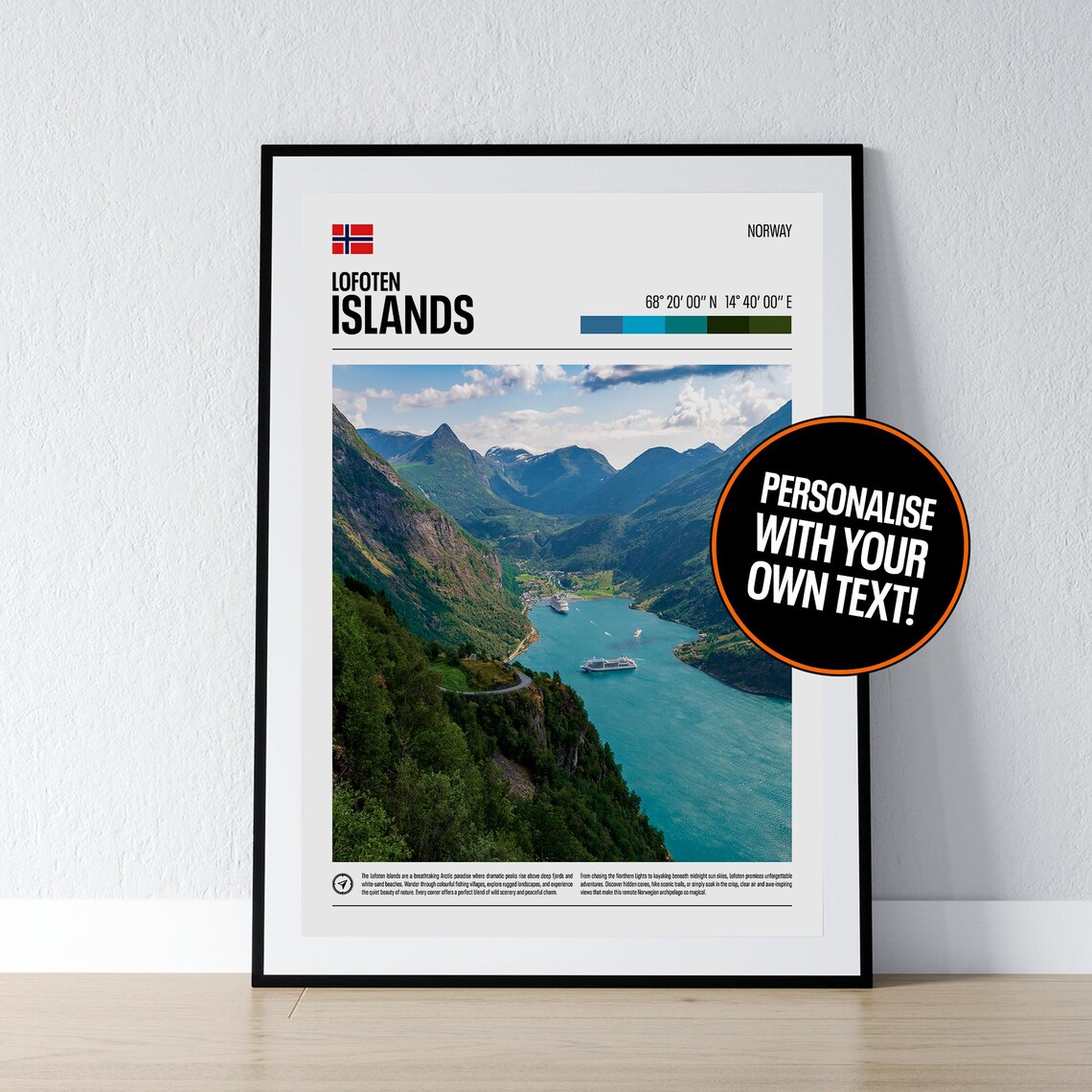 Lofoten Islands Norway Arctic Fjord Coordinates Travel Photo Poster