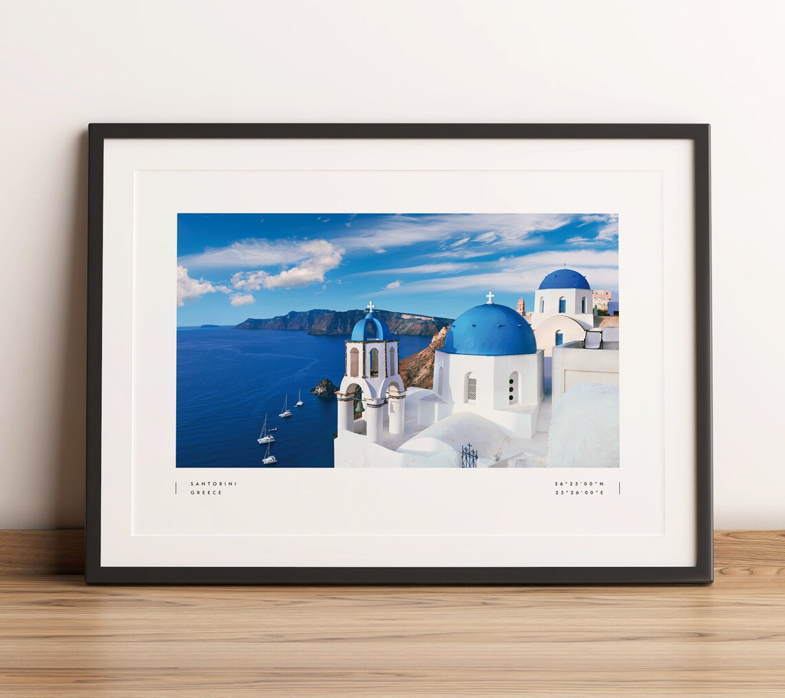 Santorini Greece Blue Domes Aegean Sea Photo Coordinates Poster