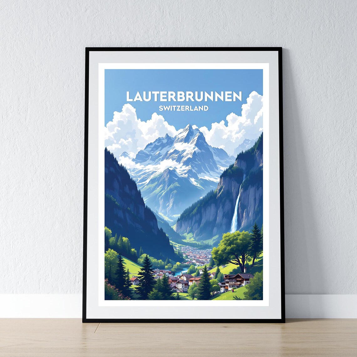 Lauterbrunnen Switzerland Alpine Village Waterfall Scene Poster