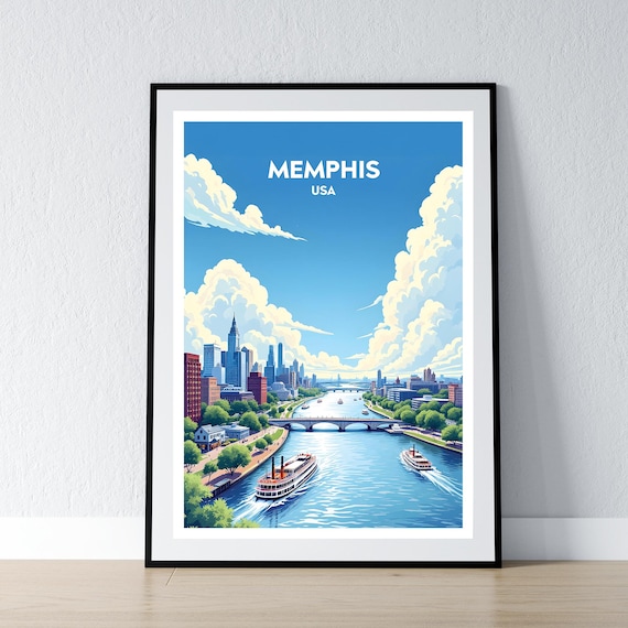 Memphis Tennessee Riverboat Skyline Vintage Travel Art Poster