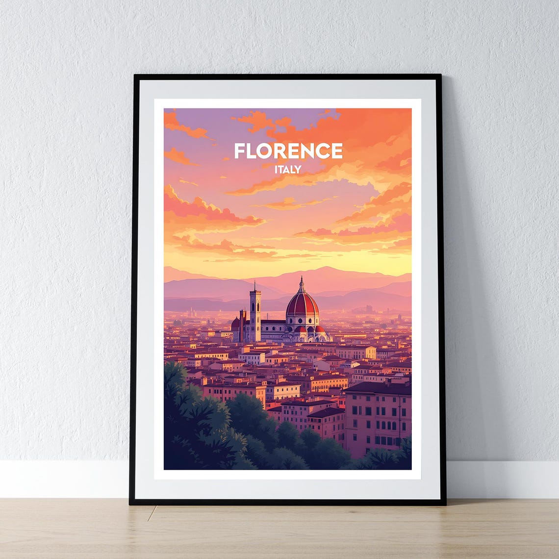 Florence Italy Sunset Travel Poster Duomo Cathedral Skyline Scene Art
