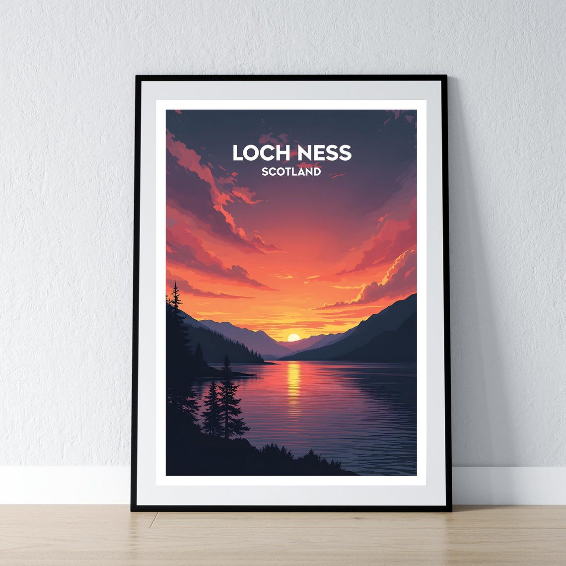Loch Ness Scotland Sunset Travel Poster Dramatic Lake Landscape Art