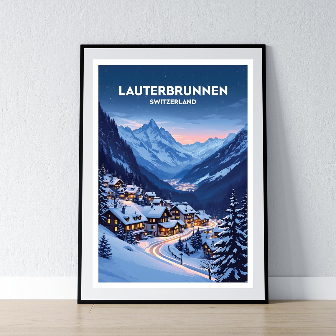 Lauterbrunnen Switzerland Snowy Village Night Winter Travel Poster