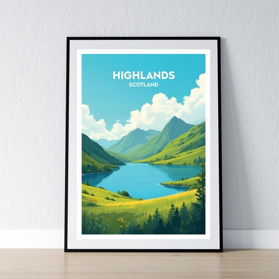 Scottish Highlands Poster Scotland Print Wall Art Gift Travel Home Decor Illustration