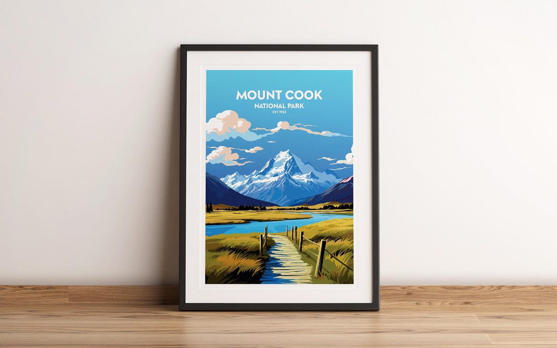 Mount Cook National Park Est 1953 Snow Peak Lake Travel Poster