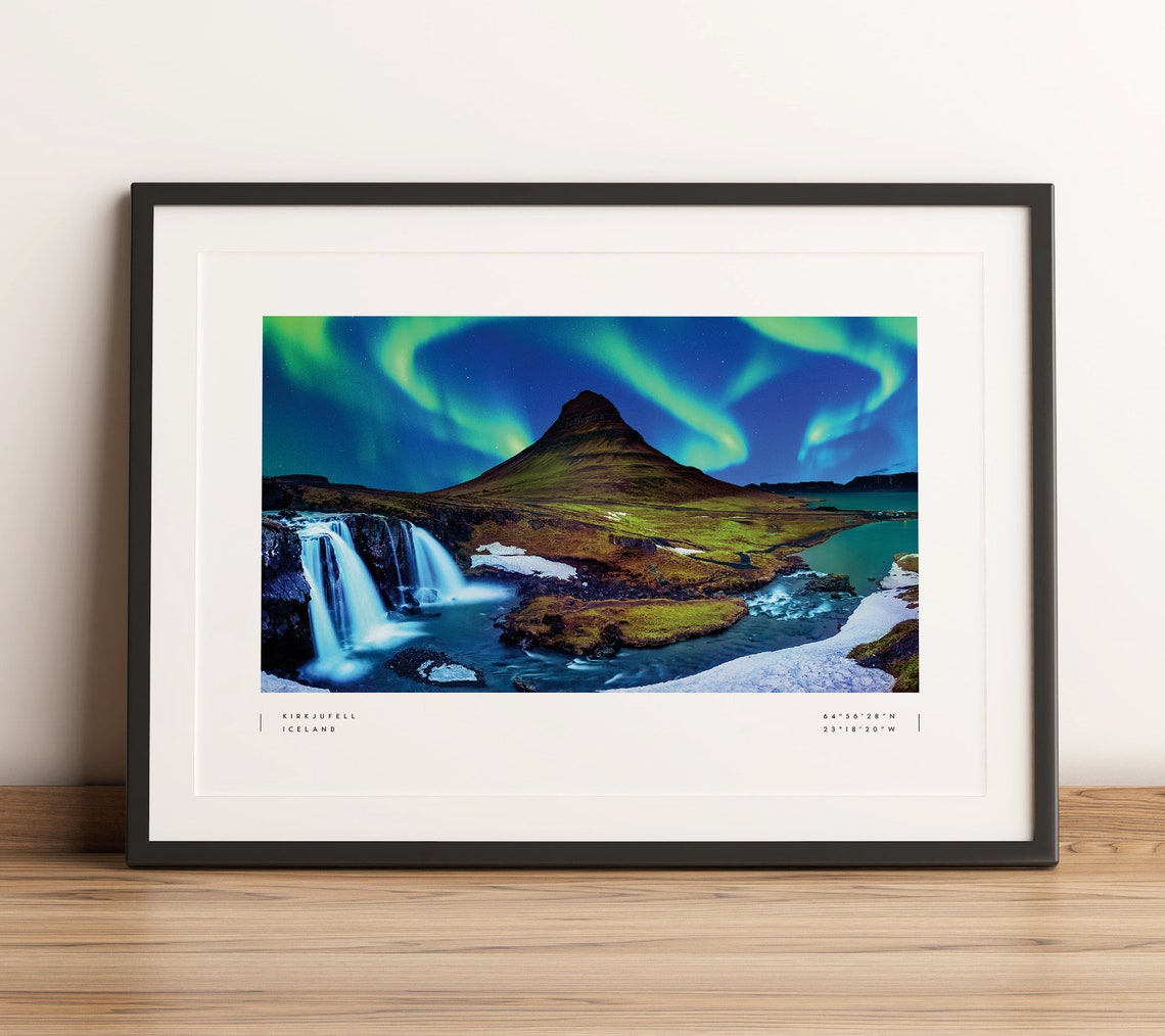 Kirkjufell Iceland Northern Lights Aurora Waterfall Photo Print