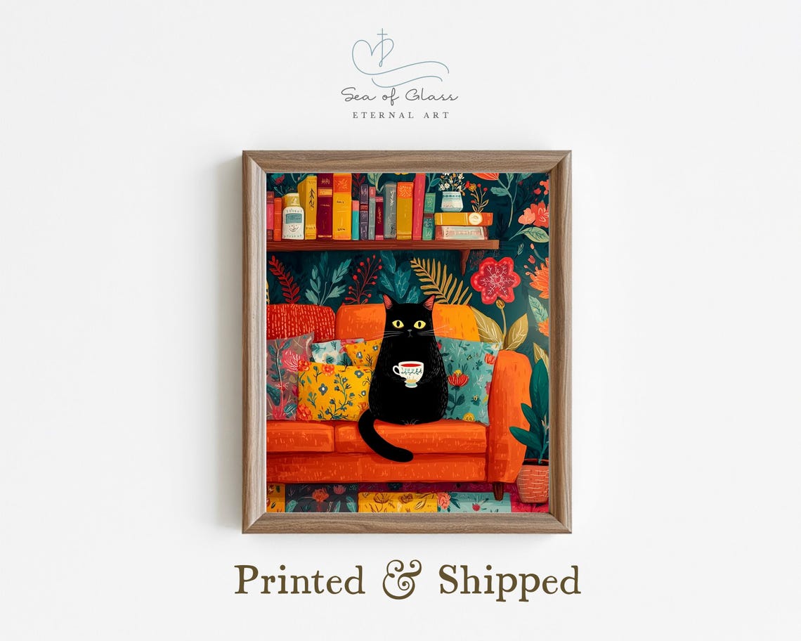 Cozy Black Cat Tea Time Floral Living Room Cat Lover Wall Poster