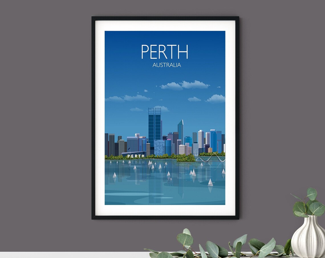 Perth Australia Skyline Travel Poster of Swan River Sailboats - Image 3