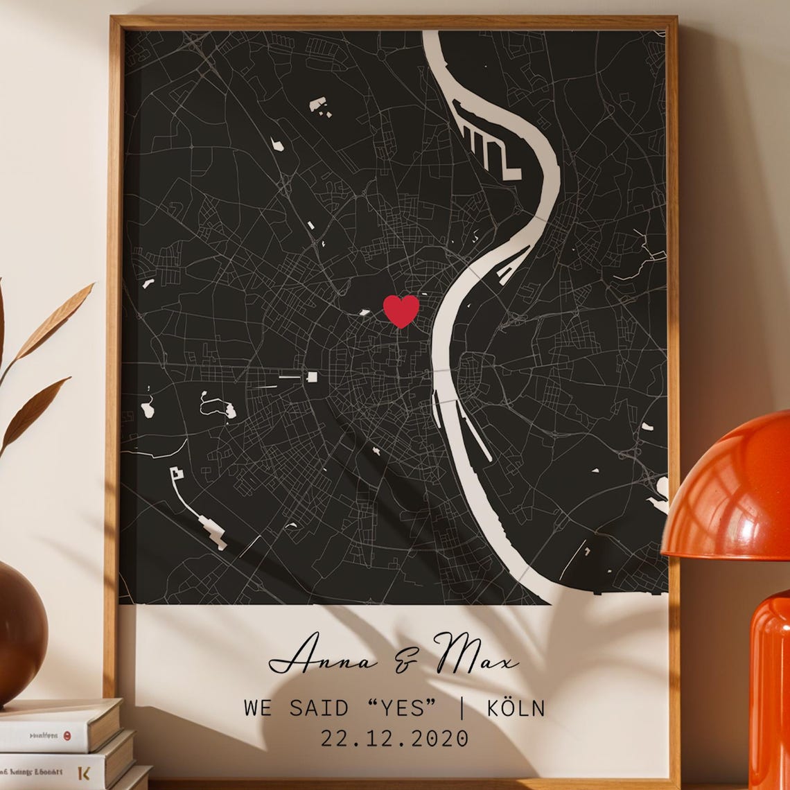 Custom Map Print With Heart Personalized Location Poster For Wedding Anniversary Engagement Gift Framed Or