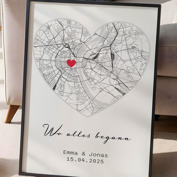Personalized Heart Map Print, Custom Couple Poster