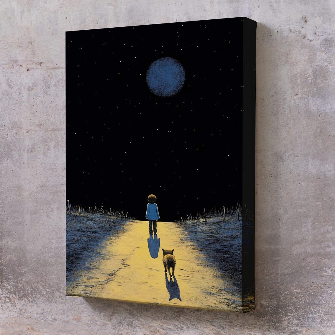 Child And Dog Walking On A Moonlit Path Under Starry Night Sky Poster