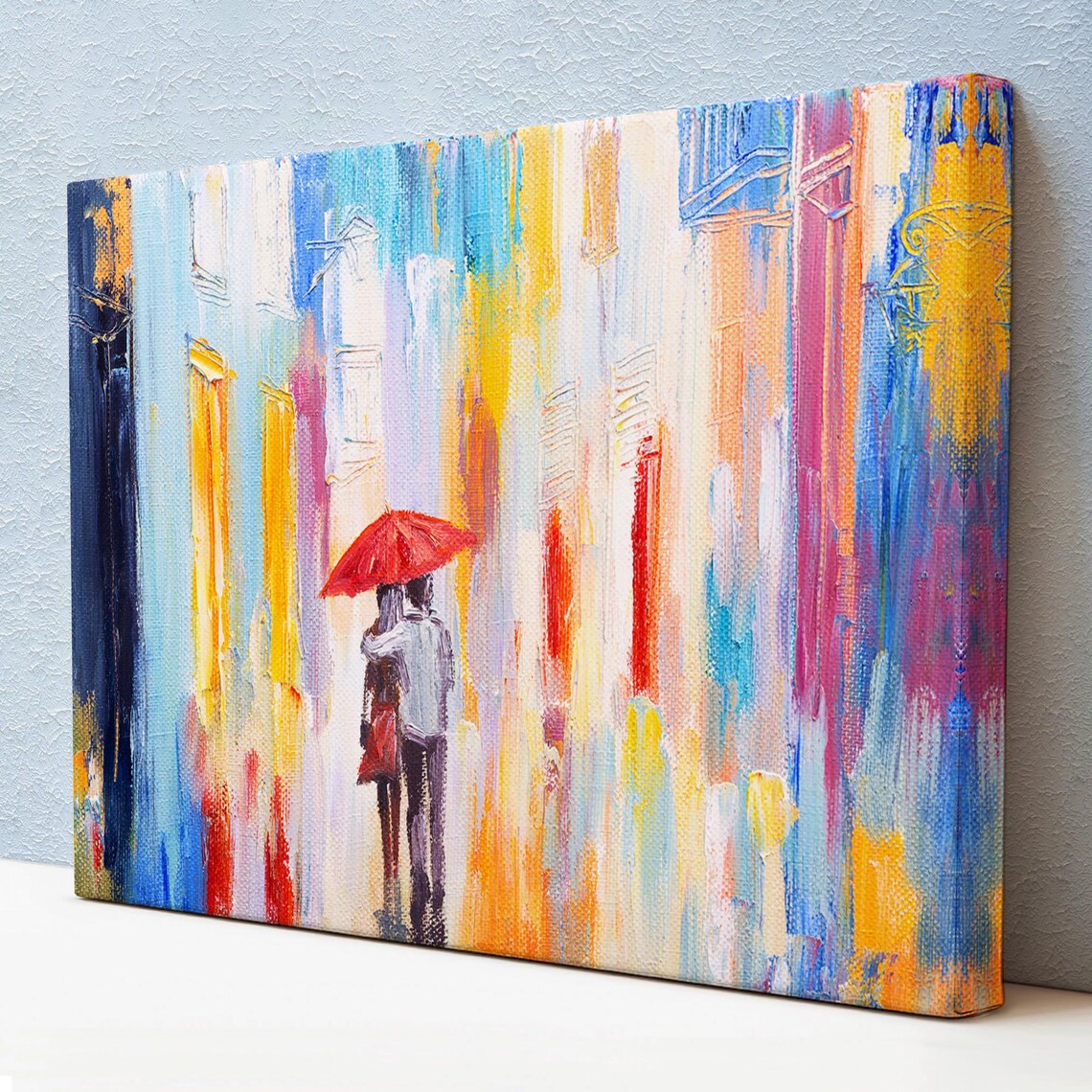 Couple Under Red Umbrella Rainy Abstract City Street Romance Poster