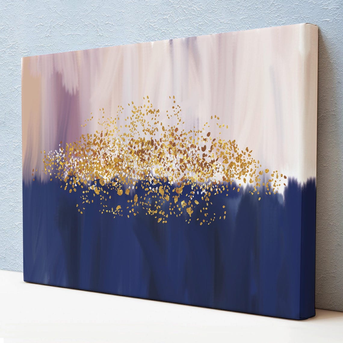 Navy Blue Blush Pink Abstract Gold Leaf Splatter Modern Wall Art