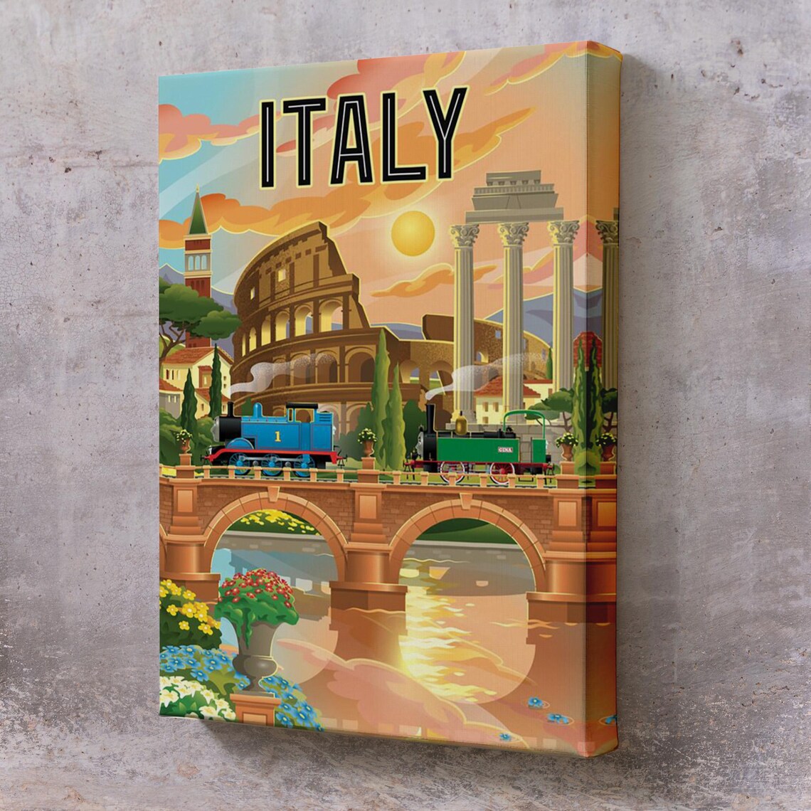Italy Colosseum Rome Vintage Travel Landmarks Sunset Train Poster