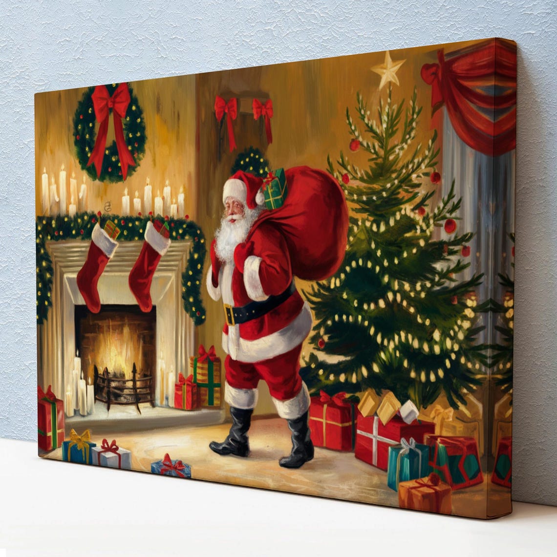 Santa Claus Gift Sack Christmas Tree Fireplace Classic Holiday Poster