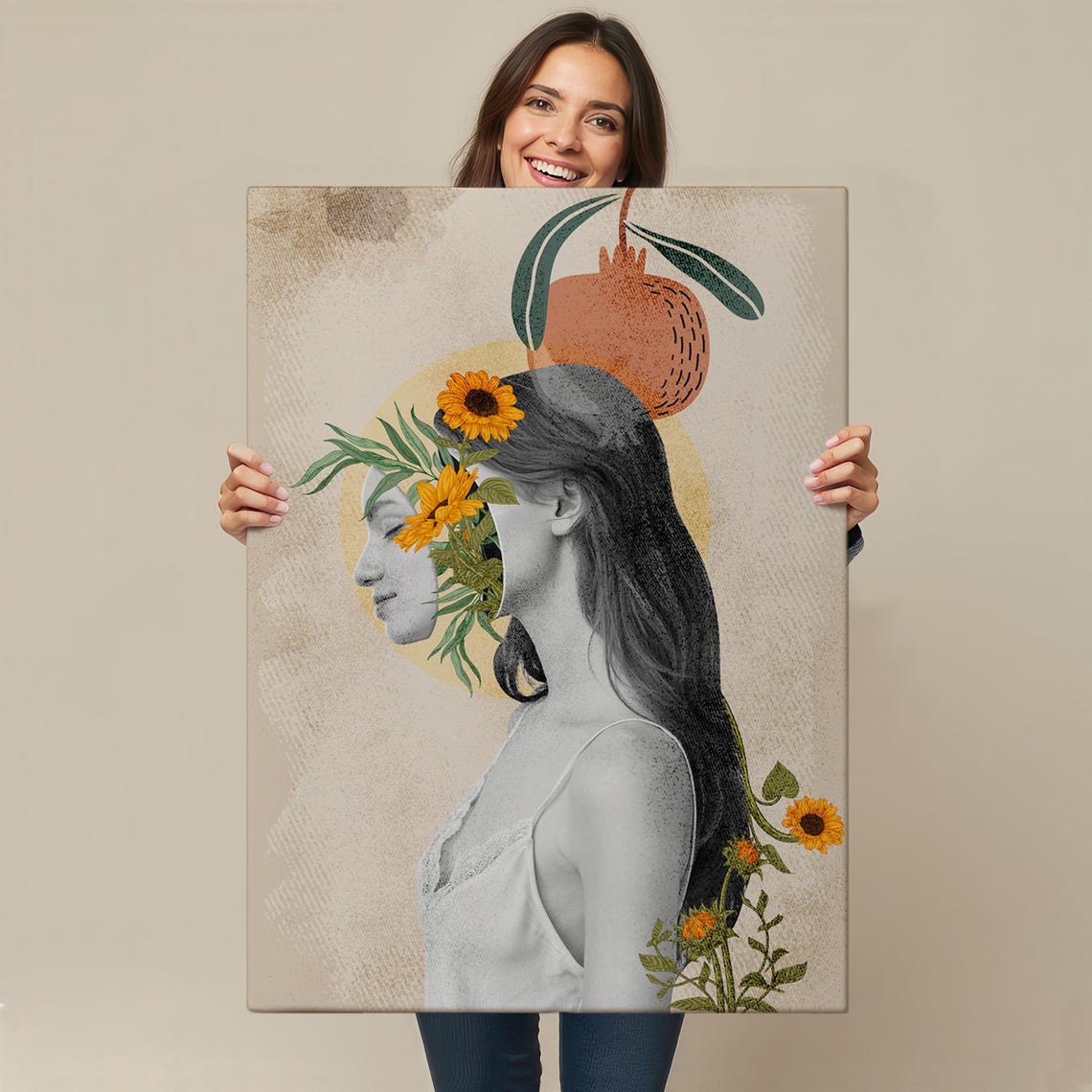Surreal Woman Sunflower Collage Botanical Dream Portrait Wall Art - Image 4