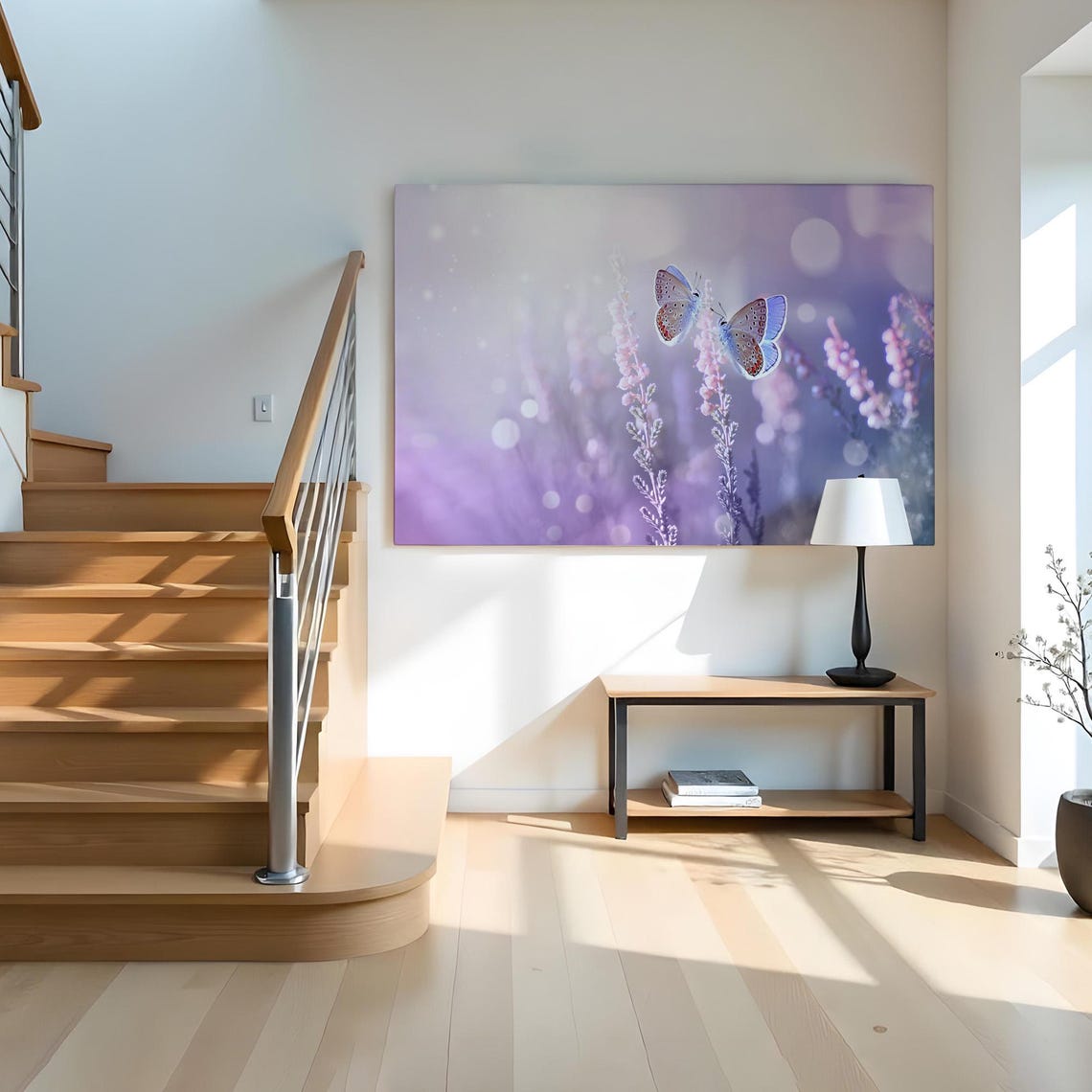 Two Blue Butterflies on Lavender Sprigs Dreamy Purple Bokeh Wall Art - Image 2
