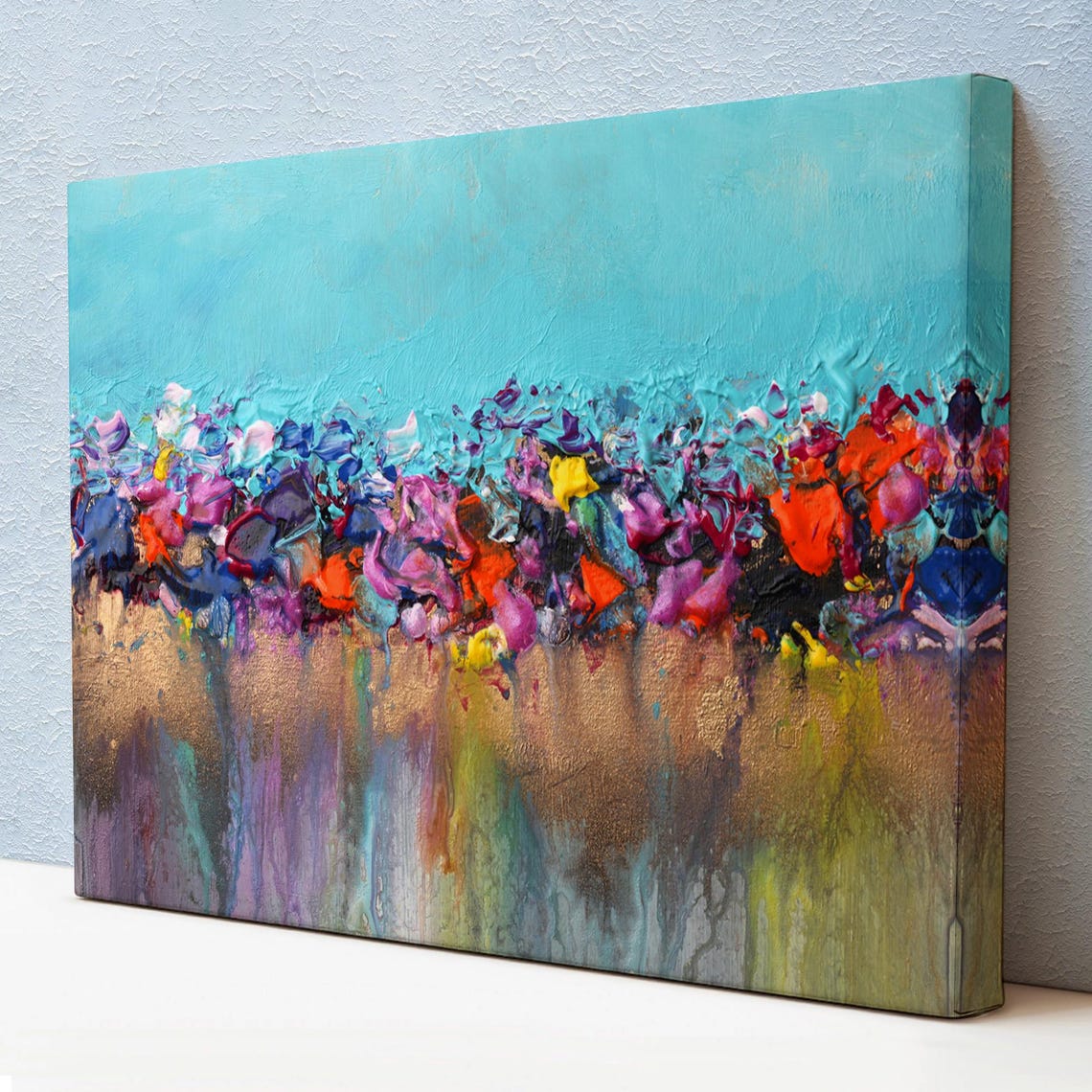 Turquoise Abstract Acrylic Pour Colorful Floral Band Modern Art Poster
