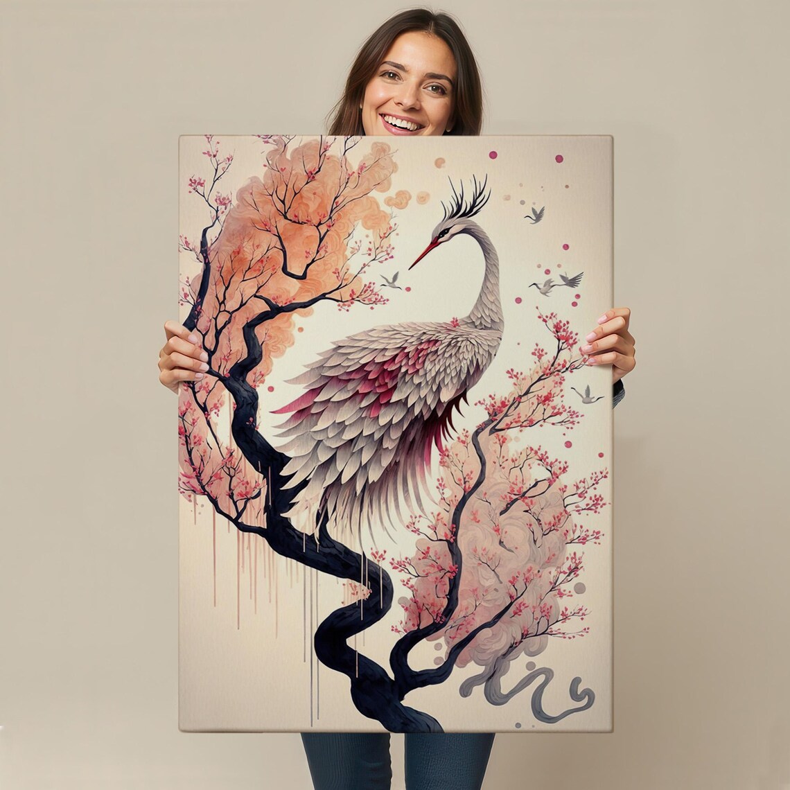 Elegant Crane Cherry Blossom Branch Japanese Watercolor Art Poster - Image 4