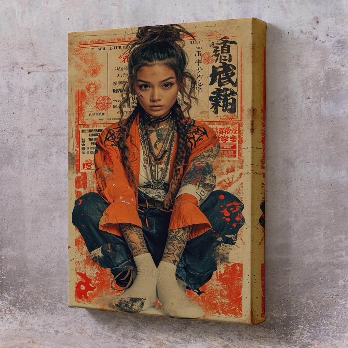 Japanese Streetwear Girl Tattooed Vintage Style Cool Art Print
