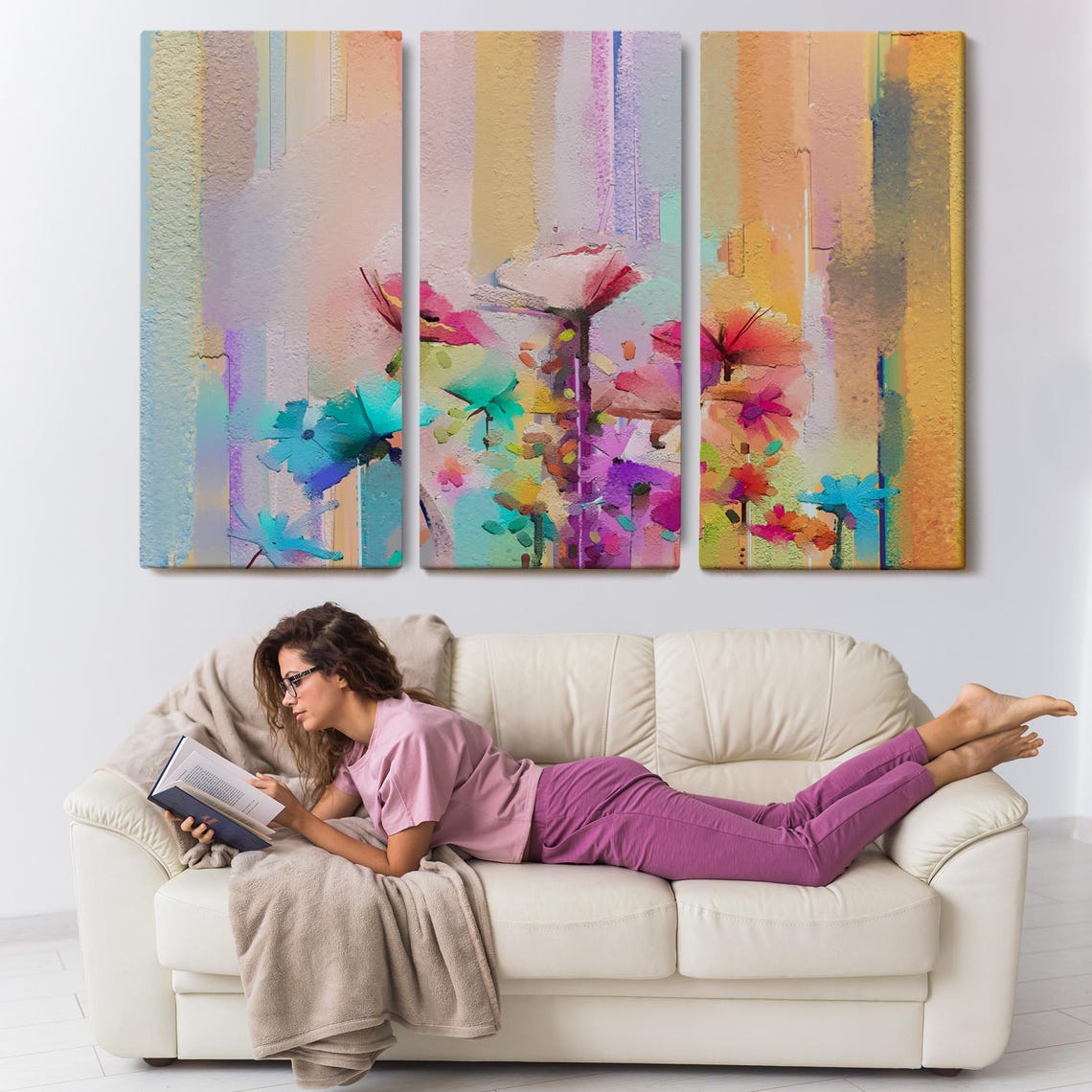 Brushstroke Abstract Flowers Pastel Pink Blue Modern Wall Art Poster - Image 3