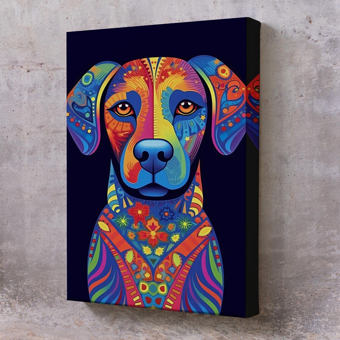 Colorful Mandala Style Dog Portrait On Black Background Wall Art Print