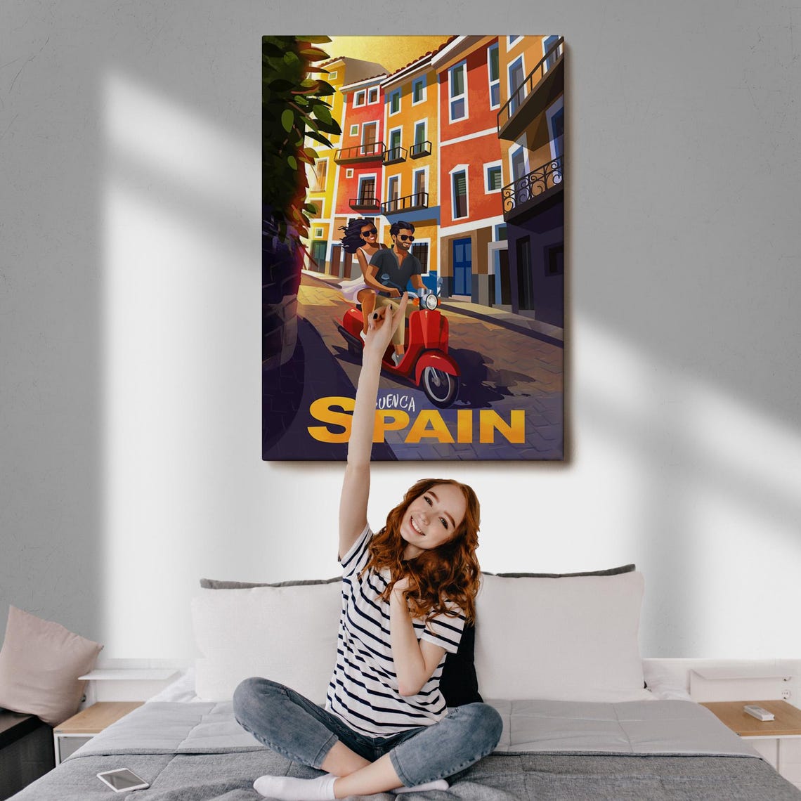 Cuenca Spain Vintage Travel Poster Couple Red Scooter Old Town Print - Image 3