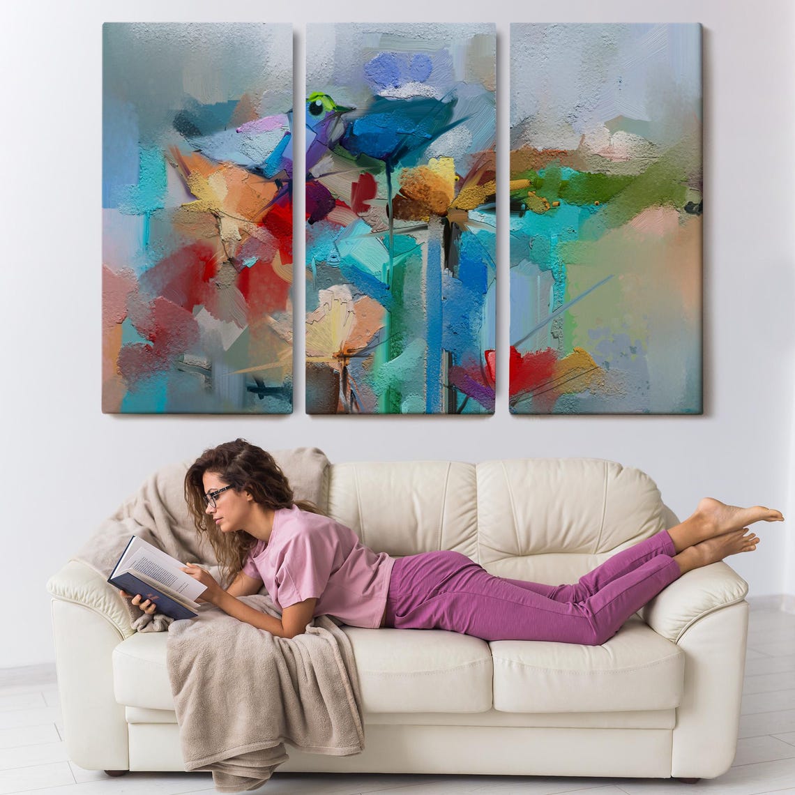 Abstract Blue Bird and Colorful Impasto Flowers Modern Wall Art - Image 3