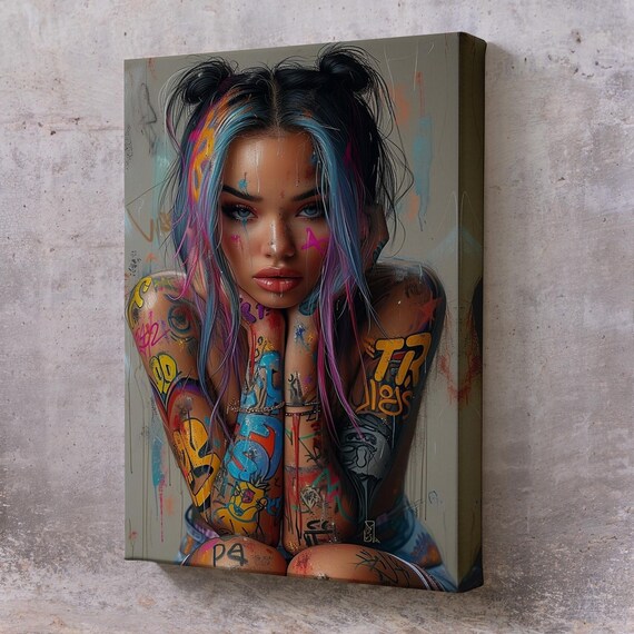Graffiti Tattooed Woman Portrait Space Buns Street Art Modern Wall Art