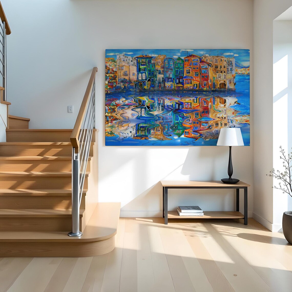 Amsterdam Canal Houses Colorful Waterfront Reflection Painting Poster - Image 2