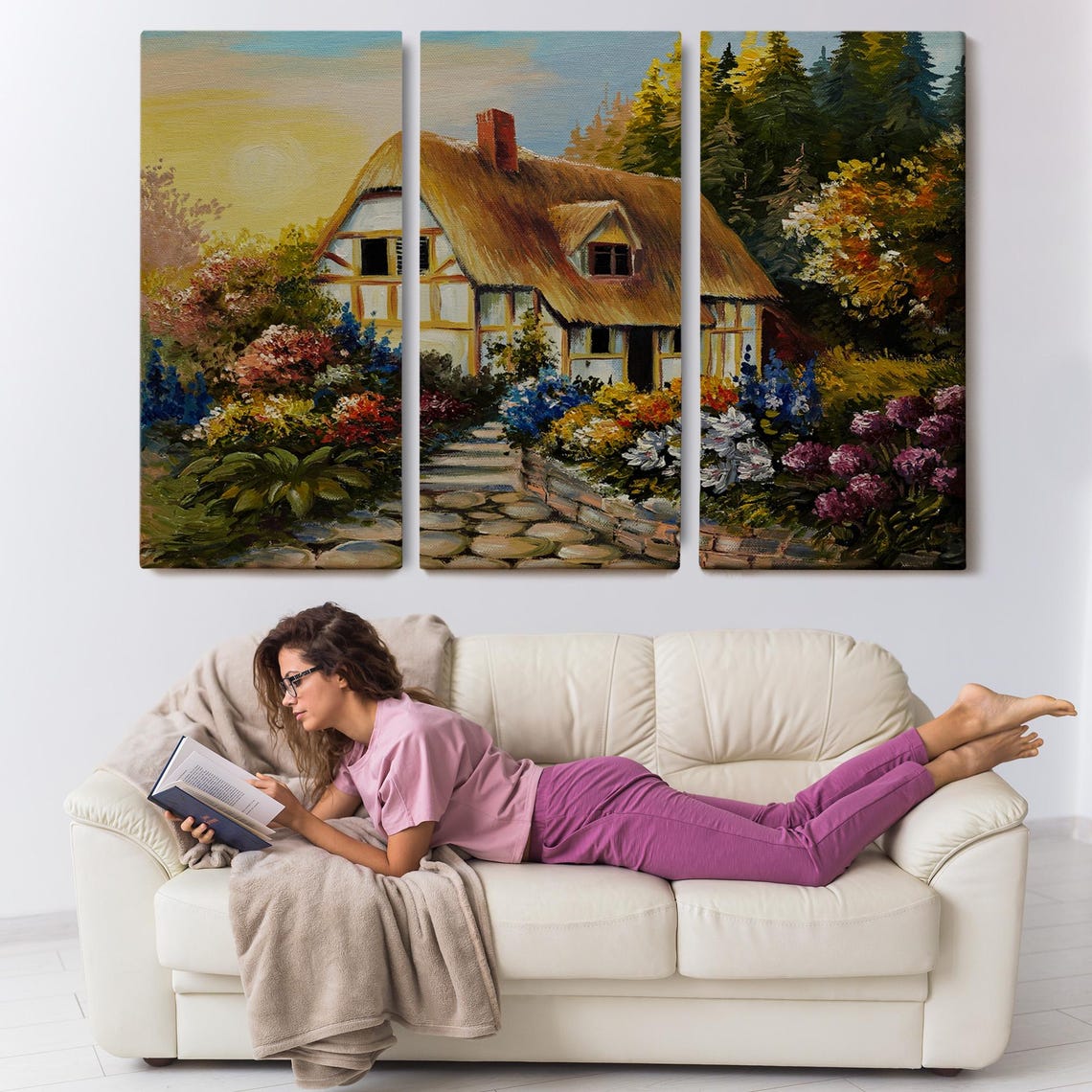 Thatched Cottage Flower Garden Forest Sunset Storybook Scene Poster - Image 3