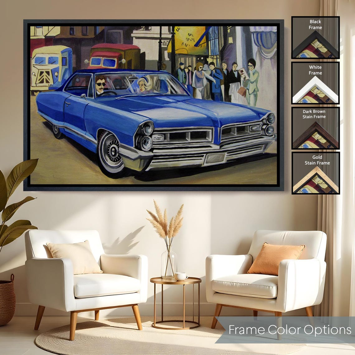 Blue Vintage Classic Car City Street Crowd Retro Urban Scene Poster - Image 2