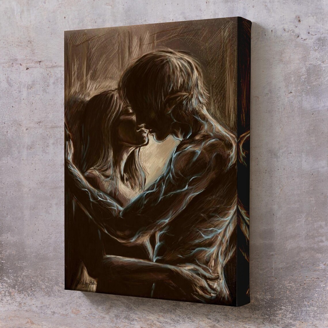 Sepia Sketch Couple Kissing In The Rain Romantic Vintage Art Print