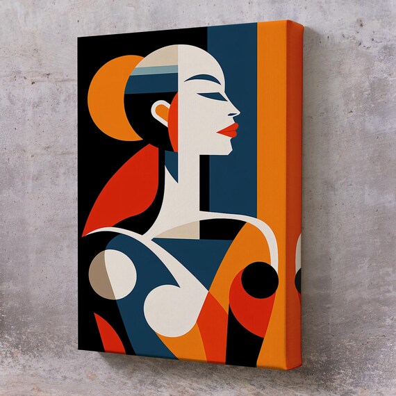 Art Deco Woman Profile Navy Orange Cubist Elegant Portrait Wall Art