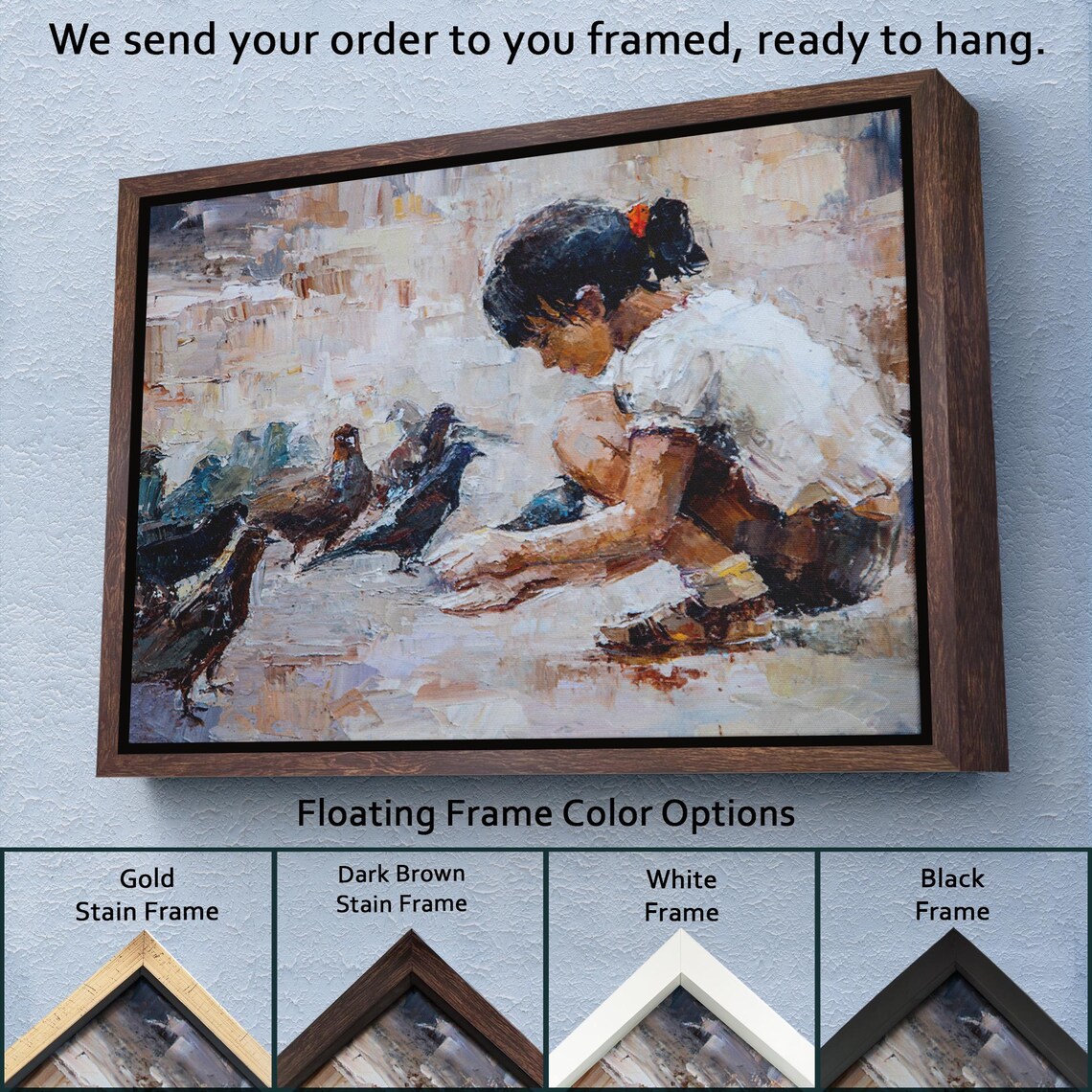 Little Girl Feeding Pigeons Impressionist Oil Painting Art Poster - Image 3