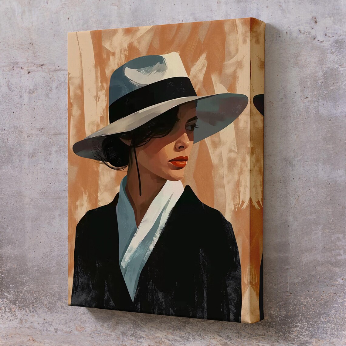 Woman In White Fedora With Black Band Warm Orange Brushstroke Art Poster