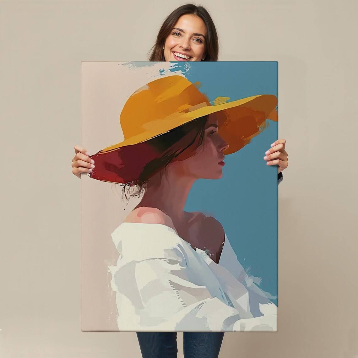 Woman In A Yellow Wide Brim Hat Profile Minimalist Portrait Wall Poster - Image 4