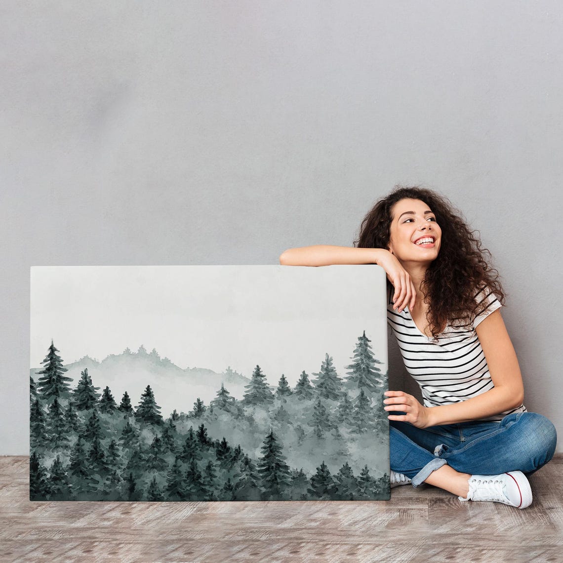 Misty Pine Forest Foggy Mountain Peaks Soft Gray Watercolor Wall Art - Image 4