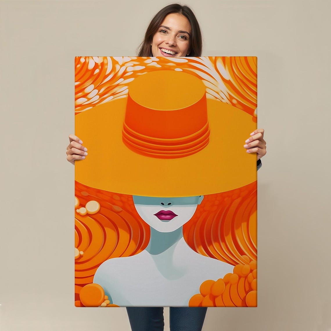 Bold Woman Giant Orange Sun Hat Retro Modern Illustration Poster - Image 4