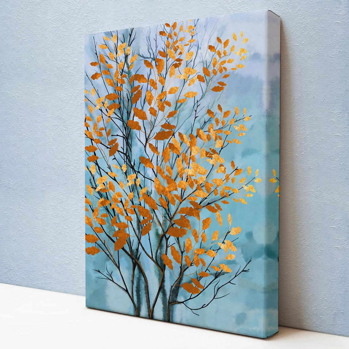 Golden Autumn Leaves Bare Branches Soft Blue Watercolor Tree Poster