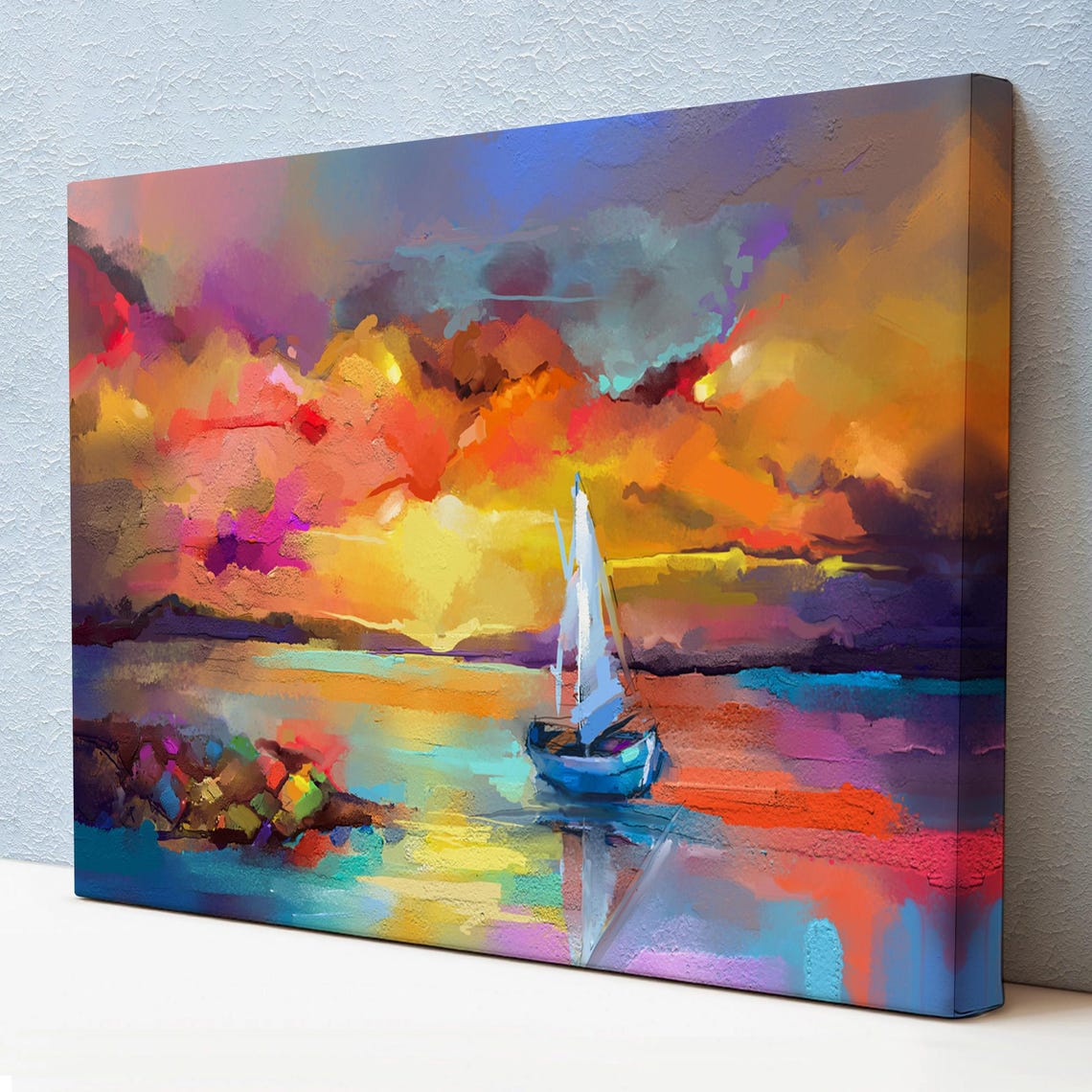 Lone Sailboat Pink Orange Sunset Dramatic Abstract Sky Ocean Poster