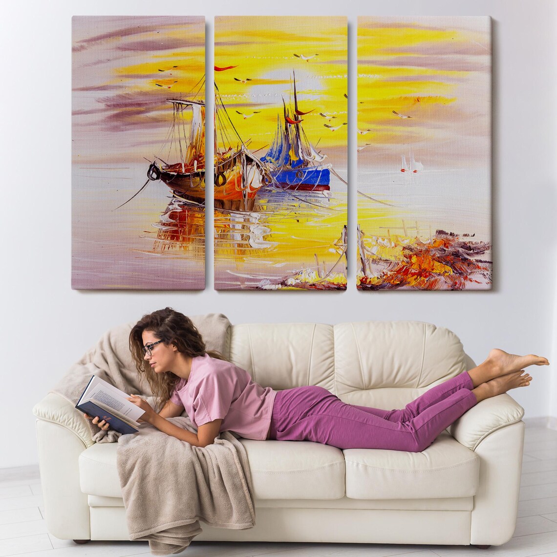 Two Sailboats Moored at Golden Sunset Seagull Sky Seascape Wall Art - Image 3