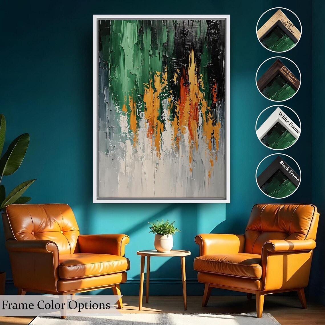 Abstract Impasto Oil Painting In Green Black Orange And White Wall Art - Image 2