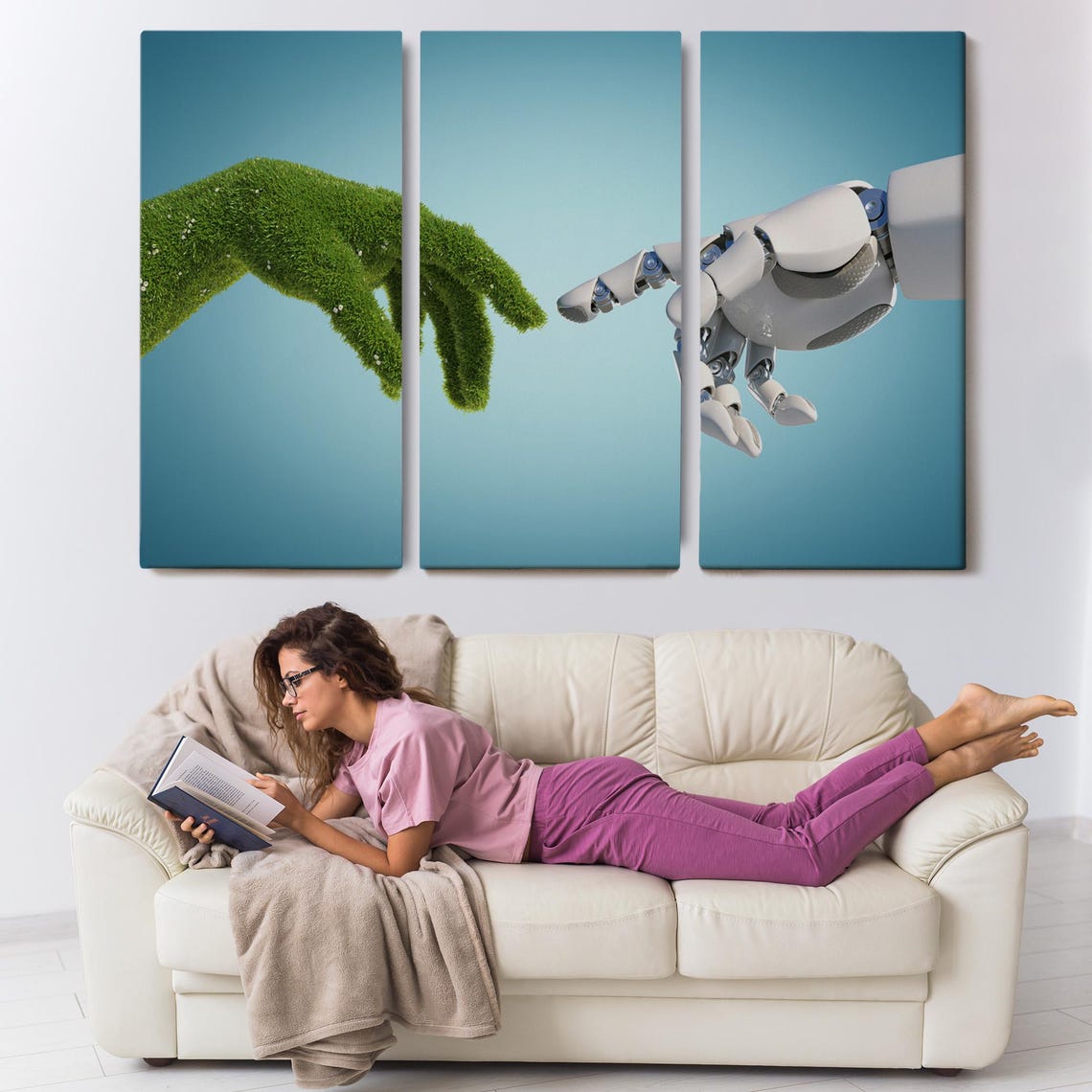 Green Nature Hand and Robot Hand Reaching Touch Abstract Poster - Image 3