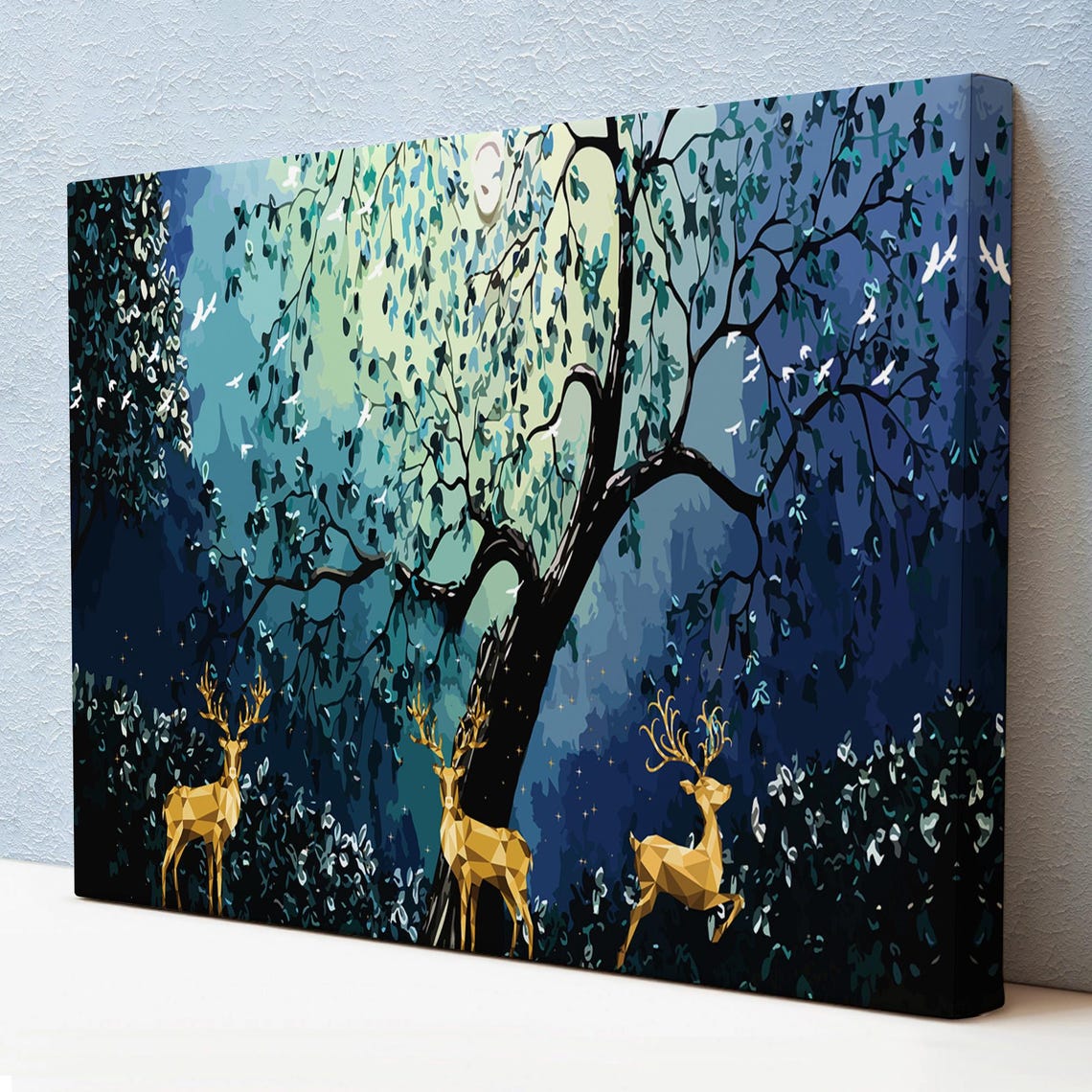 Golden Geometric Deer Night Forest Moonlit Tree Modern Art Poster