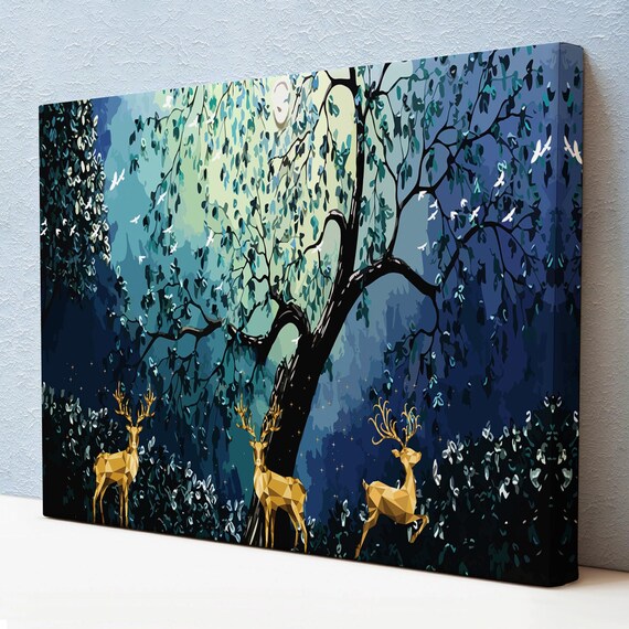 Golden Geometric Deer Night Forest Moonlit Tree Modern Art Poster