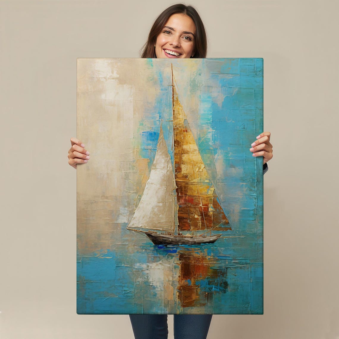 Sailboat Turquoise Sea Abstract Textured Gold Sails Nautical Poster - Image 4